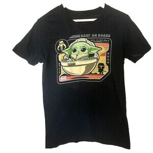 Star Wars: The Mandalorian Baby on Board Women's Small Black T-Shirt Baby Yoda